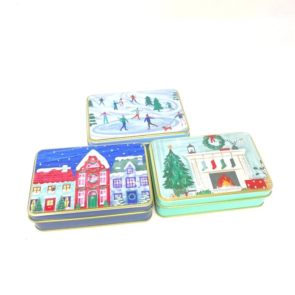 3 Assorted Target Bullseye Winter Scene Mini Gift Tins NWT Decor Houses Skating